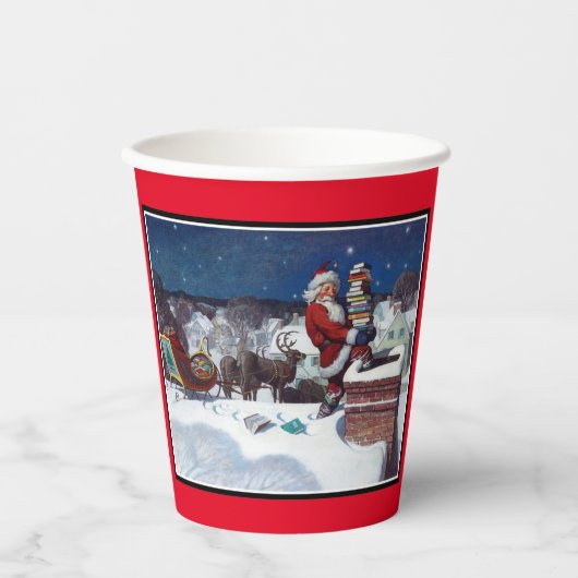 Santa Delivering Books at Christmas, Paper Cups Papieren Bekers (Voorkant)