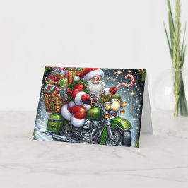 Santa Delivering Packages on Green Motorcycle Feestdagen Kaart