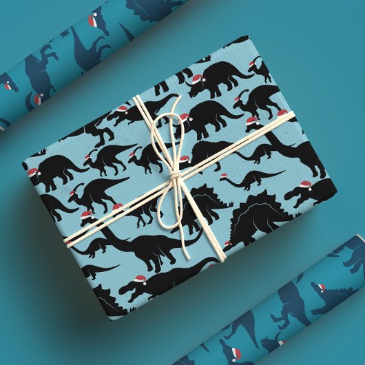 Santa Dino's! Leuke & grillige Blue Dinosaur Xmas Inpakpapier Vel