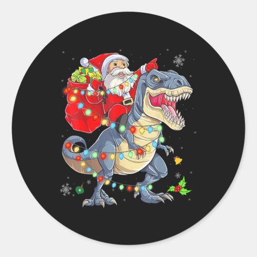Santa Dinosaur Light Merry Kerstcute Gifts Ki Ronde Sticker (Voorkant)