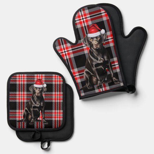 Santa Dog Black Labrador Holiday Plaid Christmas Ovenwant & Pannenlap Set (Voorkant / Achterkant)