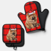 Santa Dog Chow Chow Holiday Plaid Christmas Ovenwant & Pannenlap Set (Voorkant / Achterkant)