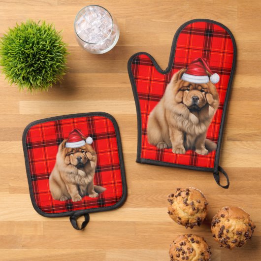 Santa Dog Chow Chow Holiday Plaid Christmas Ovenwant & Pannenlap Set (Top down)
