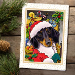 Santa Dog Dachshund Custom Christmas Kaart<br><div class="desc">Het is tijd om feestelijk te worden met deze leuke Santa Dog wenskaart! Met een schattige kleine Daschund met een kerstmuts en een zak vol cadeaus. De groet en boodschap binnen kan worden gepersonaliseerd,  zodat u het echt uniek kunt maken.</div>