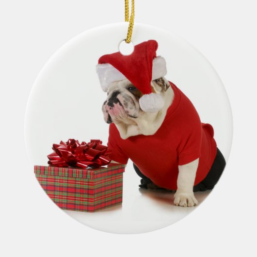 Santa Dog - Engelstalige bullehond gekleed als ker Metalen Ornament (Voorkant)