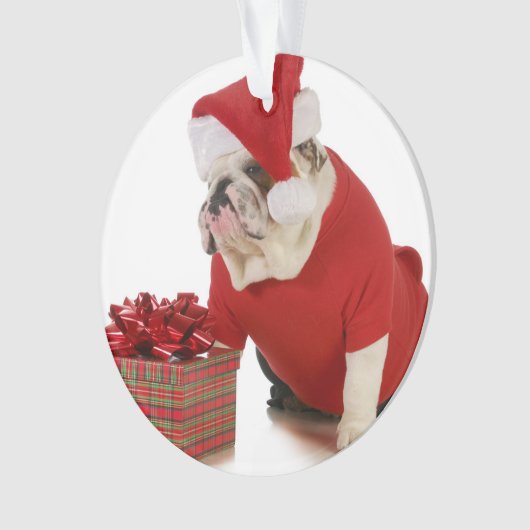 Santa Dog - Engelstalige bullehond gekleed als ker Ornament (voorkant)