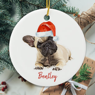 Santa Dog French Bulldog Cute Puppy Kersthond Keramisch Ornament