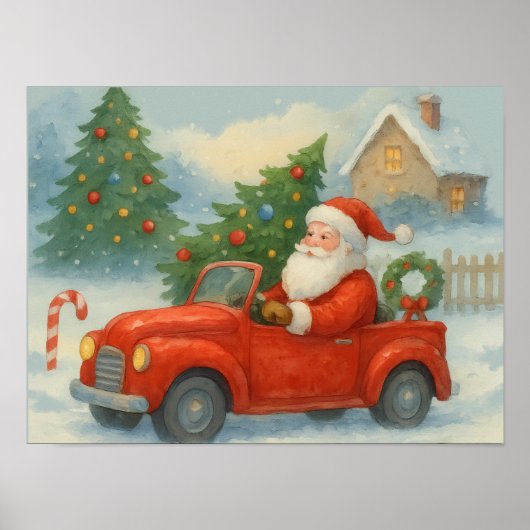 Santa Driving Red Car Watercolor Christmas Poster (Voorkant)