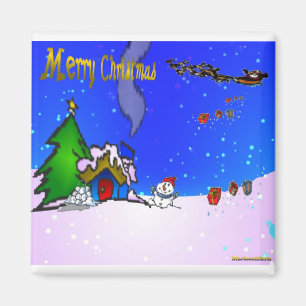 Santa_drops_gifts_by_snowman_and_snow_cover_hous Magneet