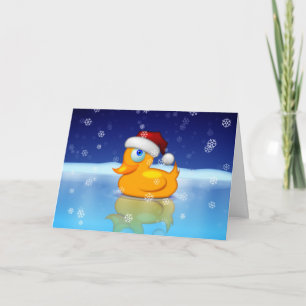 Santa Duck in een ijzige vijver in de winternacht Feestdagen Kaart