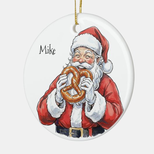 Santa eating Philly Soft Pretzel Ceramic Ornament (Links)