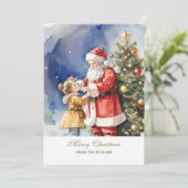  Santa & een meisje gepersonaliseerd Feestdagenkaart (Staand voorkant)