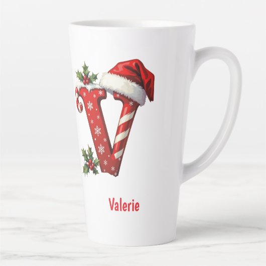 Santa elegant Monogram initial V merry Christmas  Latte Mok (Rechts)