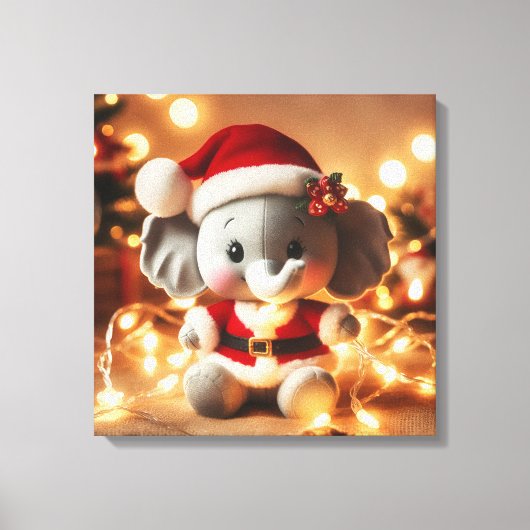 Santa Elephant Plush met vakantielichten Canvas Afdruk (Voorkant)