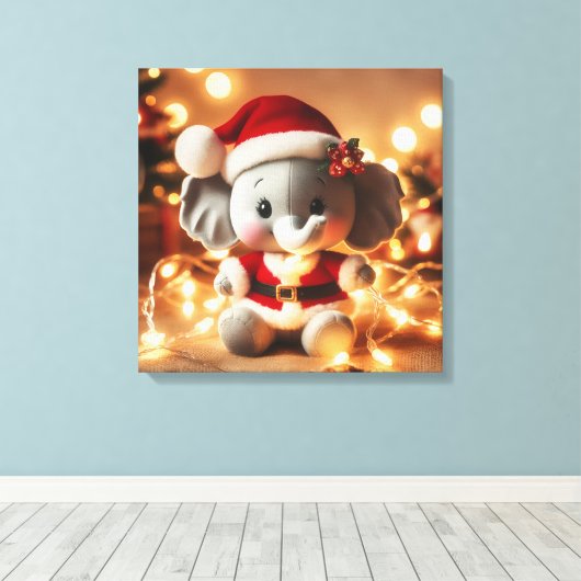 Santa Elephant Plush met vakantielichten Canvas Afdruk (Insitu (Houten vloer))