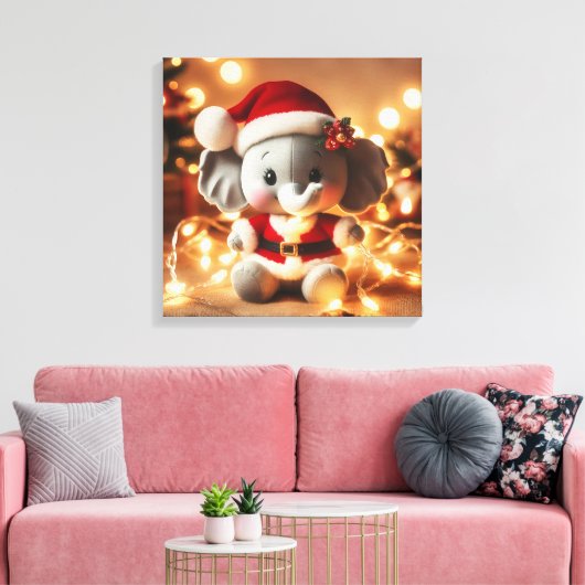 Santa Elephant Plush met vakantielichten Canvas Afdruk (Insitu (Woonkamer))