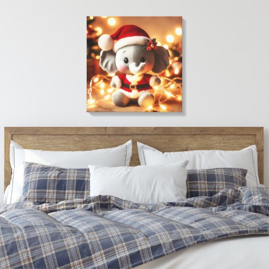Santa Elephant Plush met vakantielichten Canvas Afdruk (Insitu (Slaapkamer))