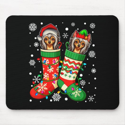 Santa Elf Chinese Crested Dog In Christmas Socks M Muismat (Voorkant)