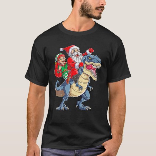 Santa Elf Riding Dinosaur T - Rex Christmas Boys T-shirt (Voorkant)