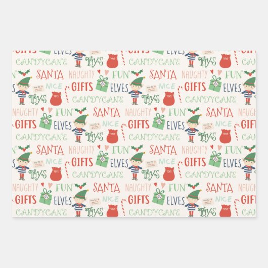 Santa Elf Typografie en Stripes Kinder Inpakpapier Vel (Voorkant 3)