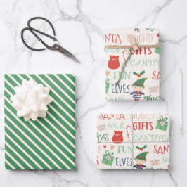 Santa Elf Typografie en Stripes Kinder Inpakpapier Vel