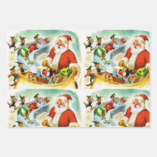 Santa & Elfen  illustratie jaren 1940 Inpakpapier Vel