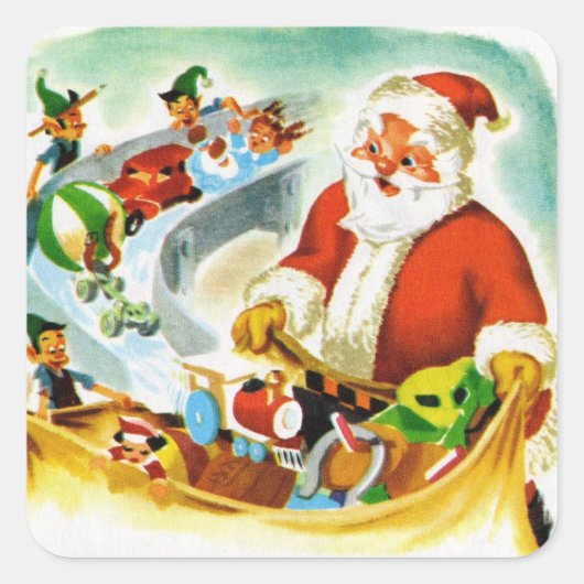 Santa & Elfen illustratie jaren 1940 Vierkante Sticker (Voorkant)