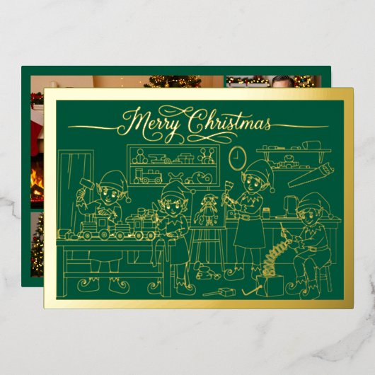 Santa Elves Workshop, Vrolijk Kerstfeest, groen, G Folie Feestdagenkaart (Voorkant / Achterkant)
