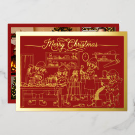 Santa Elves Workshop, Vrolijk kerstfeest in rood,  Folie Feestdagenkaart