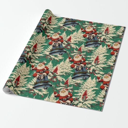 Santa en Bell Green Cadeaupapier (Uitgerold)