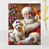 Santa en Bichon Frisé Puppy met Paarse strik Kaart (Gele Bloem)