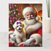 Santa en Bichon Frisé Puppy met Paarse strik Kaart (Voorkant)