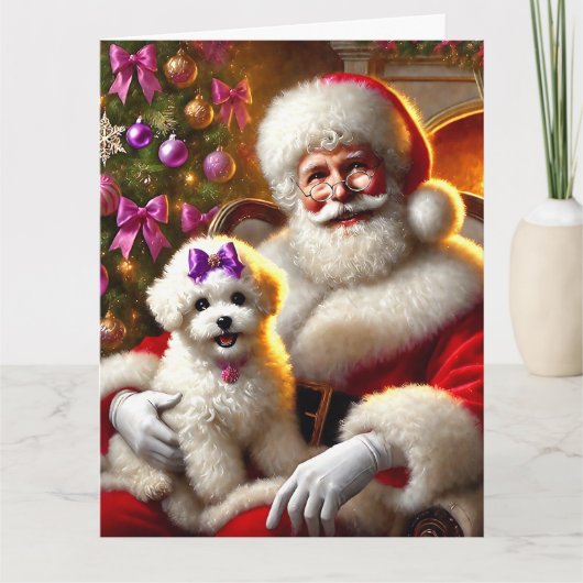 Santa en Bichon Frisé Puppy met Paarse strik Kaart (Voorkant)