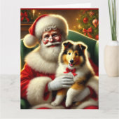 Santa en Collie Puppy met rode strik Kaart (Voorkant)