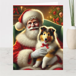 Santa en Collie Puppy met rode strik Kaart