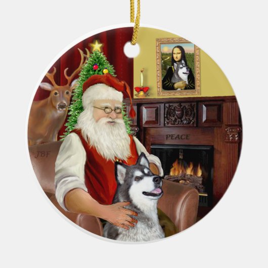 Santa en een Alaskan Malamute Keramisch Ornament (Voorkant)