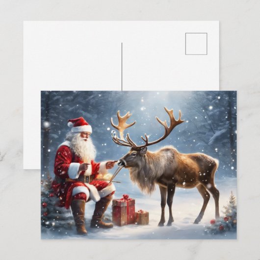 Santa en een rendierkunst briefkaart (Voorkant / Achterkant)