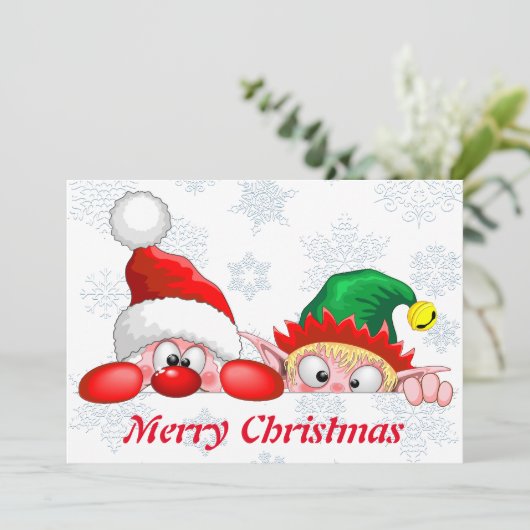 Santa en Elf Cute en grappige kerstCartoon Cha Kaart (Staand voorkant)