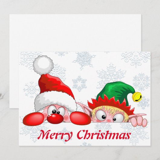 Santa en Elf Cute en grappige kerstCartoon Cha Kaart (Voorkant / Achterkant)
