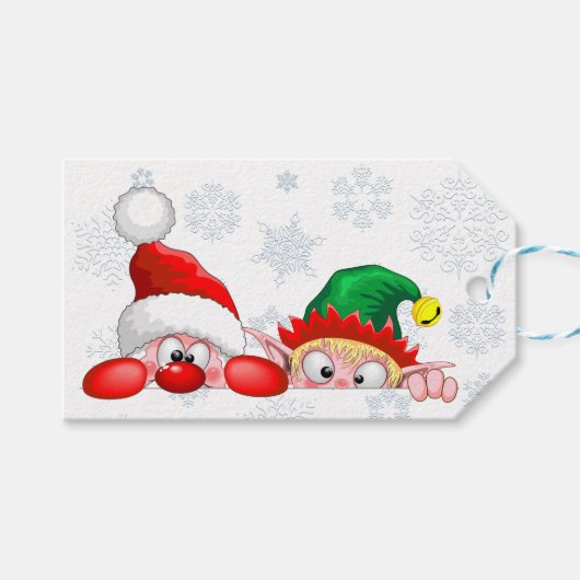 Santa en Elf Cute en grappige tekenaars die naar d Cadeaulabel (Voorkant (Horizontaal))