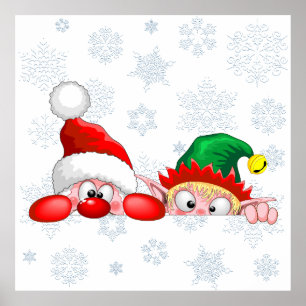 Santa en Elf Cute en grappige tekenaars die naar d Poster
