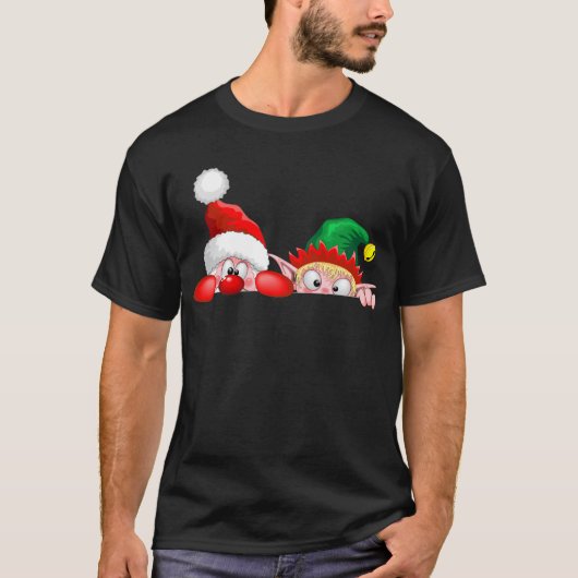 Santa en Elf Cute en grappige tekenaars die naar d T-shirt (Voorkant)