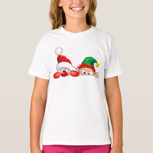 Santa en Elf Cute en grappige tekenaars die naar d T-shirt (Voorkant)