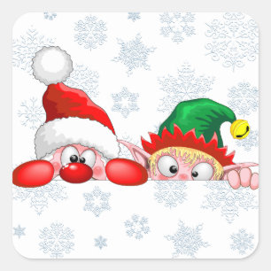 Santa en Elf Cute en grappige tekenaars die naar d Vierkante Sticker