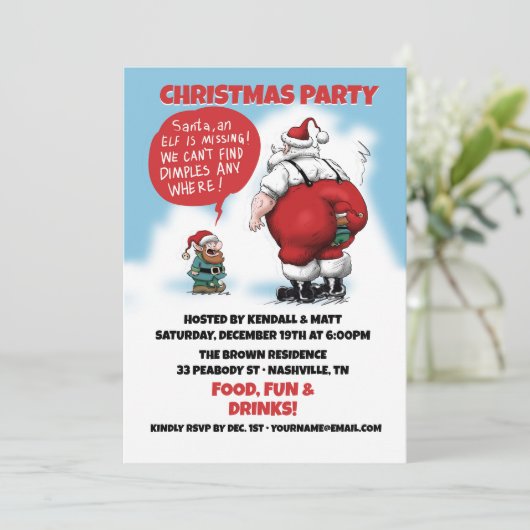 Santa en Elf Funny Cartoon Kaart (Staand voorkant)