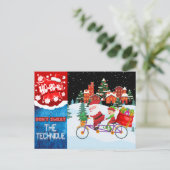 Santa en Elf's Snowy Bike Ride Vakantie Briefkaart (Staand voorkant)