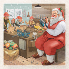 Santa en Elves die speelgoed maken | Kerstmis Glazen Onderzetter