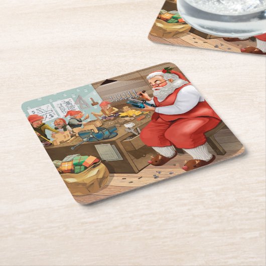 Santa en Elves die speelgoed maken | Kerstmis Kartonnen Onderzetters (Schuin)