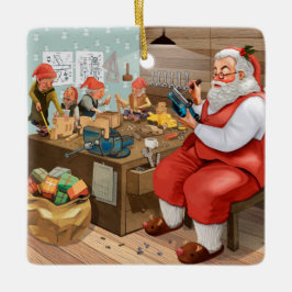 Santa en Elves die speelgoed maken | Kerstmis Keramisch Ornament