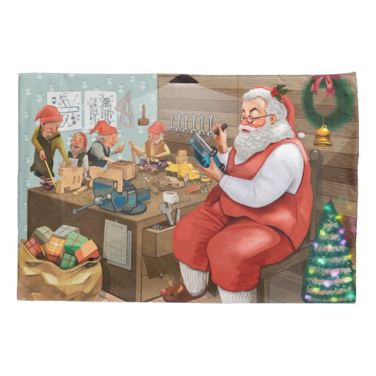 Santa en Elves die speelgoed maken | Kerstmis Kussensloop (Achterkant)